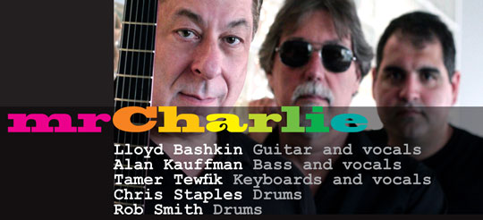 mrCharlie is Lloyd Bashkin Guitar and vocals, Alan Kauffman Bass and vocals ,Tamer Tewfik Keyboards and vocals , Chris Staples Drums ,Rob Smith Drums 
